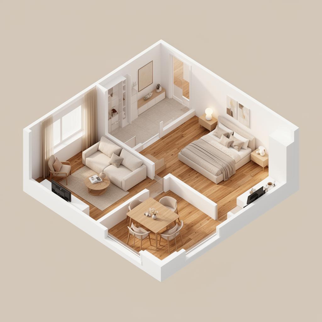 3D cutaway view of a furnished apartment designed in RoomPlanner
